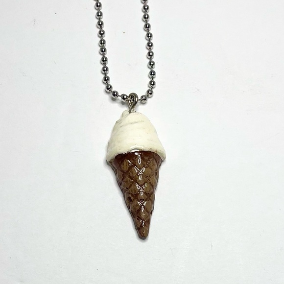 Handmade Hand Painted Soft Serve Cone Charm Polymer Silver Ball & Chain Necklace - Picture 2 of 3